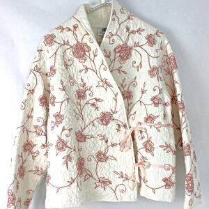 Damask England Women's Vintage Bed Jacket Quilted Embroidered Rosette Size Large
